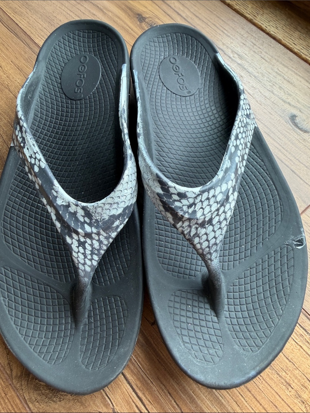 OOFOS Black Snake-Print Thong Flip Flops